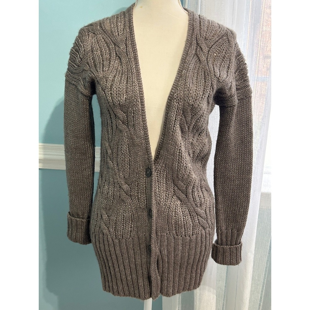 Ann Taylor LOFT Wool Mohair Blend Cable Knit Longline Cardigan Sweater Brown M